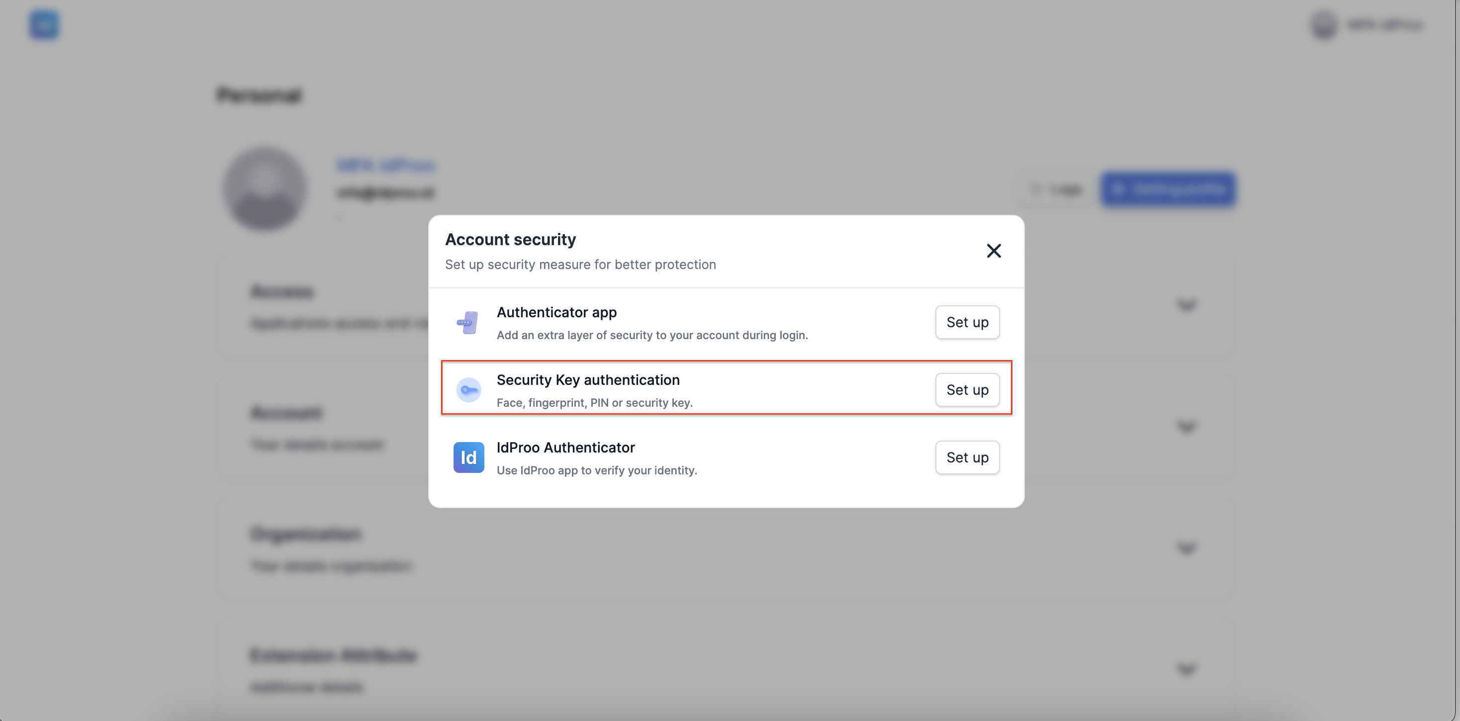 Pilih Security Key Authentication dan klik Set up